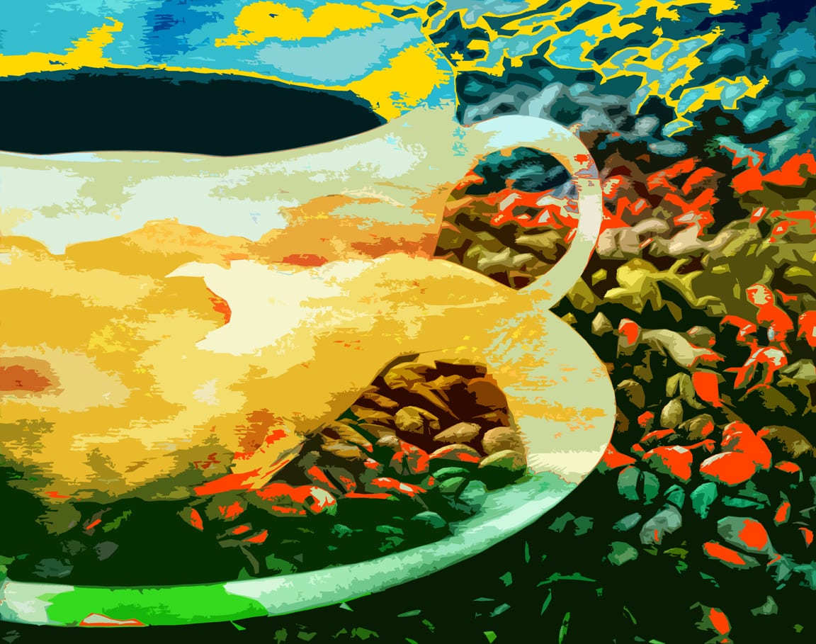 A painting of food on a plate and bowl