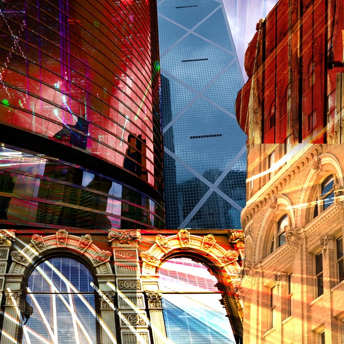 A collage of different buildings with reflections.