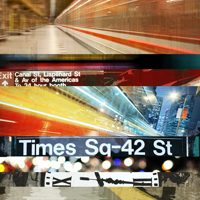 A collage of different times square signs and subway.