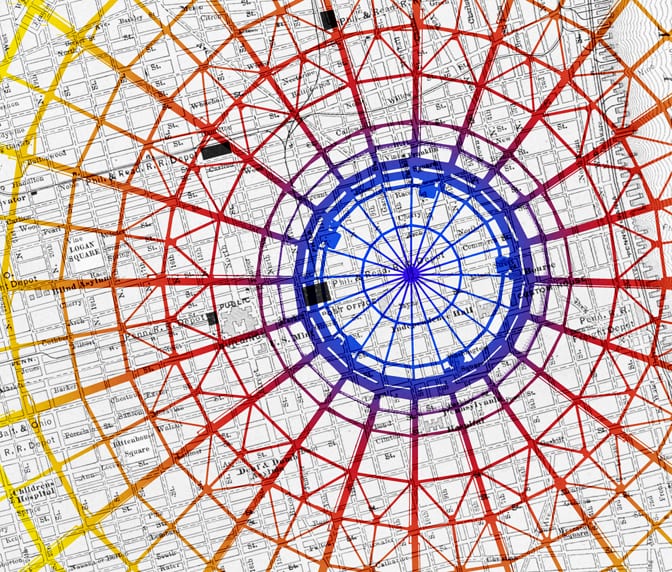 A colorful dome with many lines and circles.